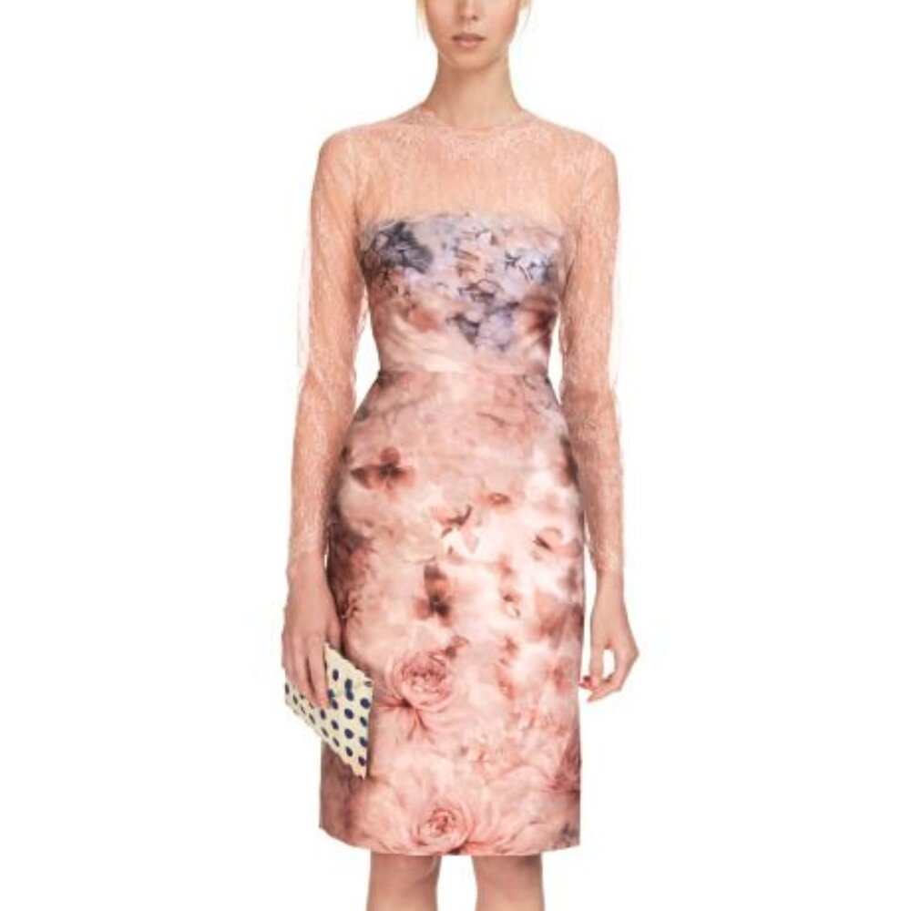 Valentino PF/13 Fluid Garden Floral Print Silk Mikado Lace-Sleeved Dress